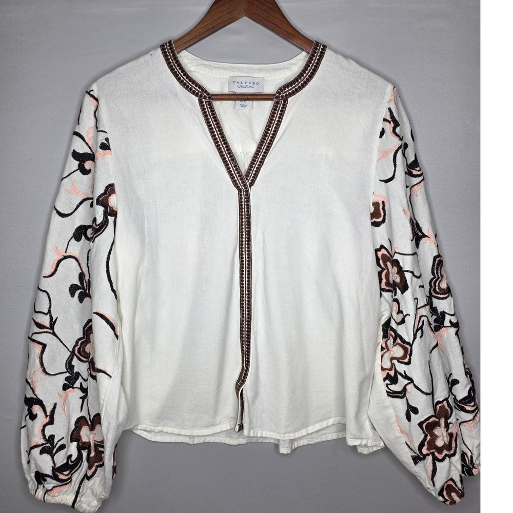 Calypso St. Barth Embroidered Pull over Boho Beach Floral Med Cottagecore